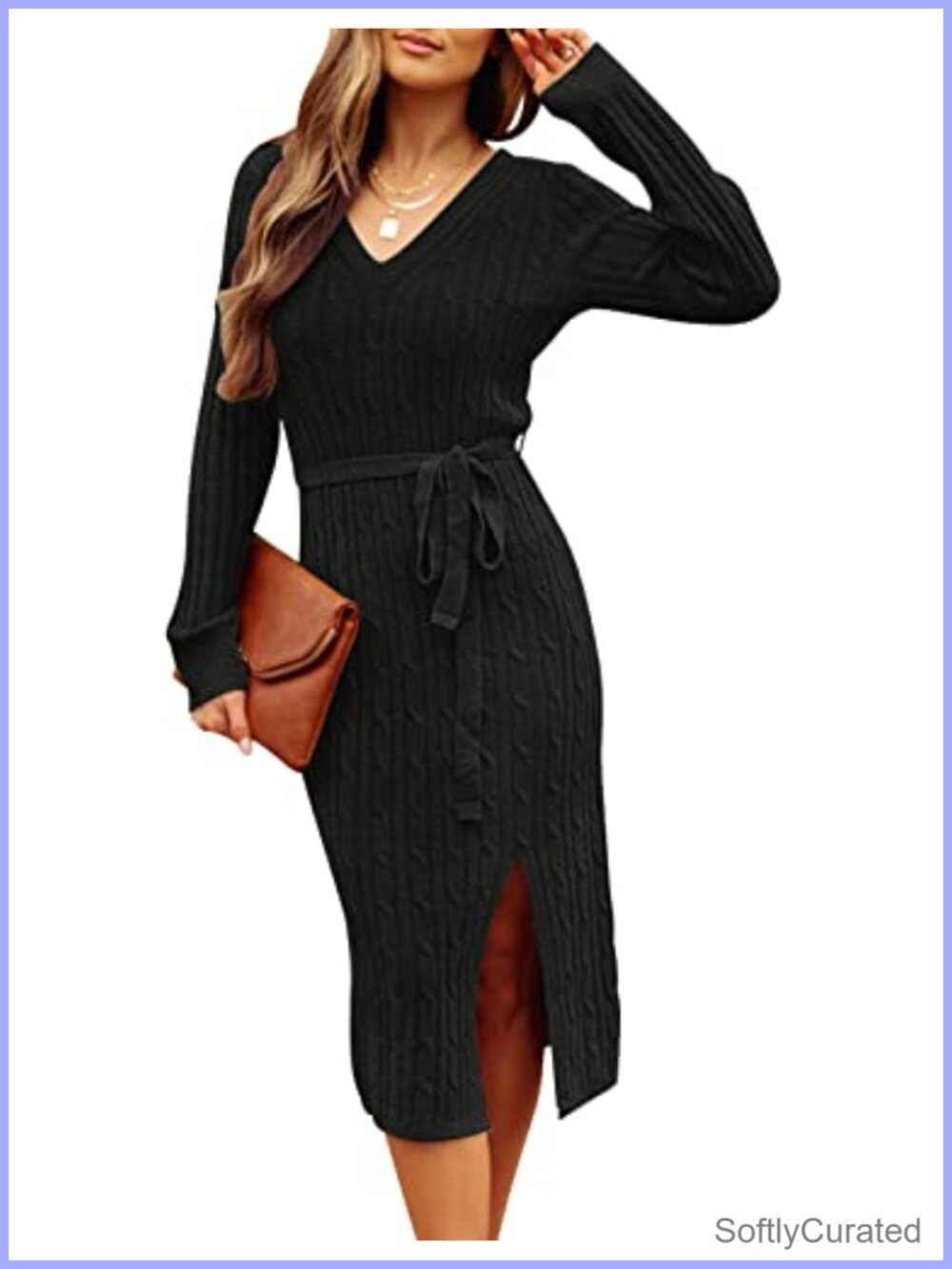 Long Sleeve V Neck Cable Knit Midi Sweater Dress Bodycon